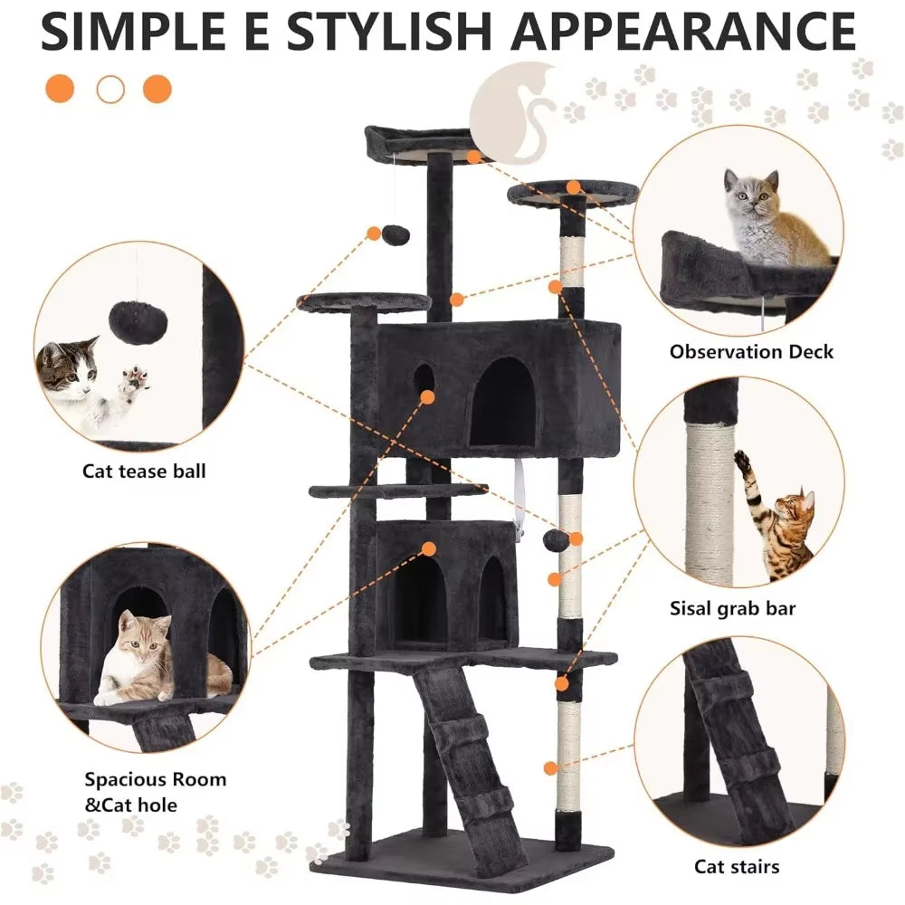 70In Cat Tree Tower, Multi-Level Furniture Activity Center with Grab Post, Vertical House Apartment, Cat Pet Game House